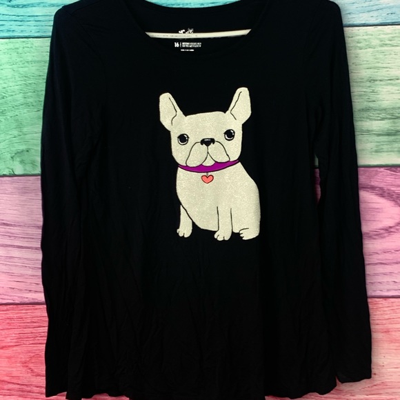 JUSTICE black long sleeve shirt with glitter white French bulldog Boston Terrier - Picture 9 of 9